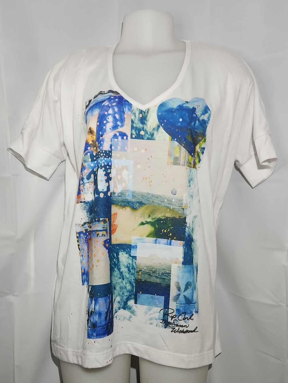 Rip Curl Recycled White V-Neck Short Sleeve Tee, Blue Graphic Collage - Medium